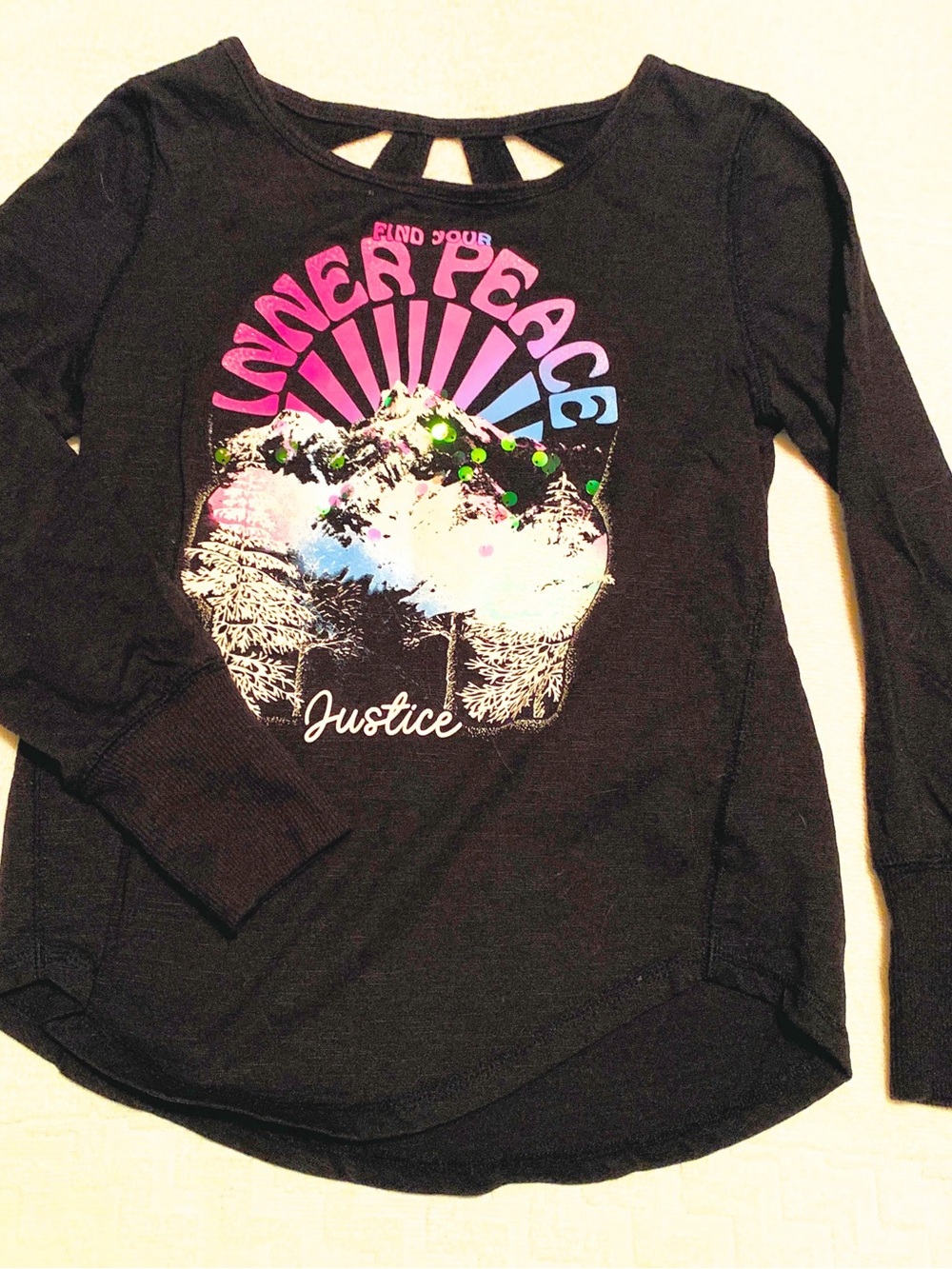 Justice Black Long-Sleeve 'Lovely Peace' Graphic Tee with Neon Accents